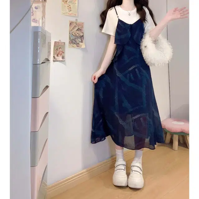 涂诗菲 大码设计感法式复古撞色百搭休闲宽松高级感短袖连衣裙 女款