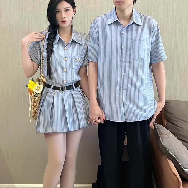 涂诗菲 文艺气质条纹翻领短裙连衣裙女宽松衬衣上衣男短袖情侣套装