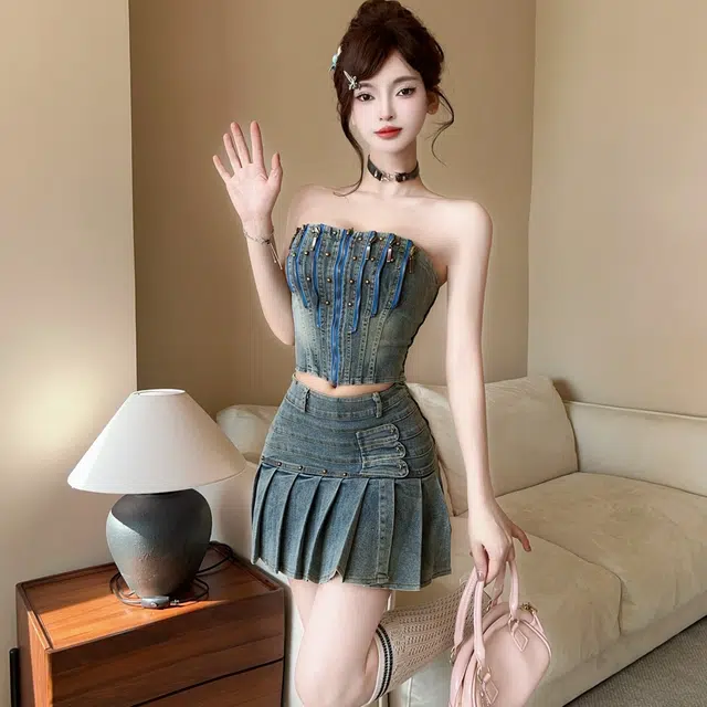 涂诗菲 辣妹穿搭时尚牛仔两件套重工柳丁拉链无袖抹胸上衣高腰百褶裙百搭牛仔裙装套装 女款