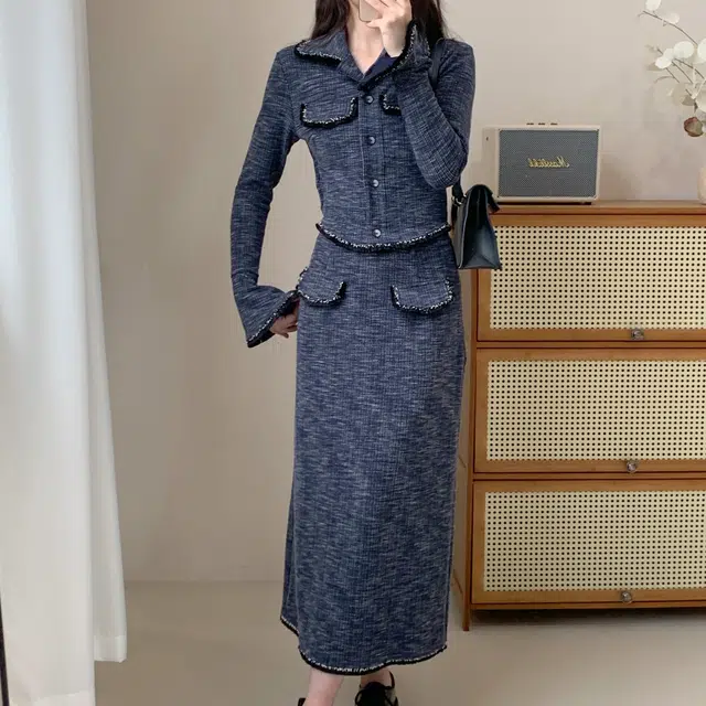涂诗菲 法式小香风气质长袖上衣休闲简约设计感时尚百搭慵懒风舒适纯欲约会长裙裙装套装 女款