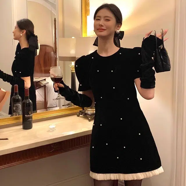 涂诗菲 小香风优雅气质丝绒长袖连衣裙 女款 黑色