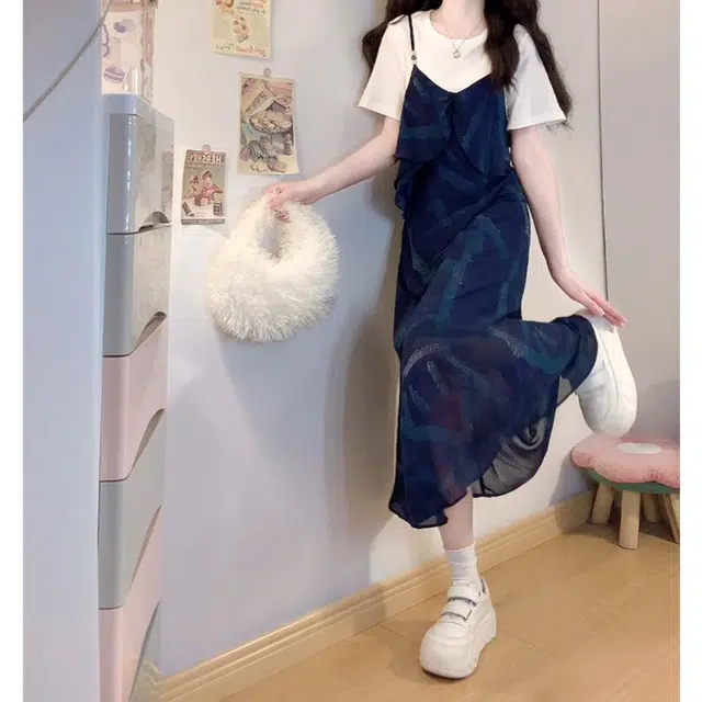 涂诗菲 大码设计感法式复古撞色百搭休闲宽松高级感短袖连衣裙 女款