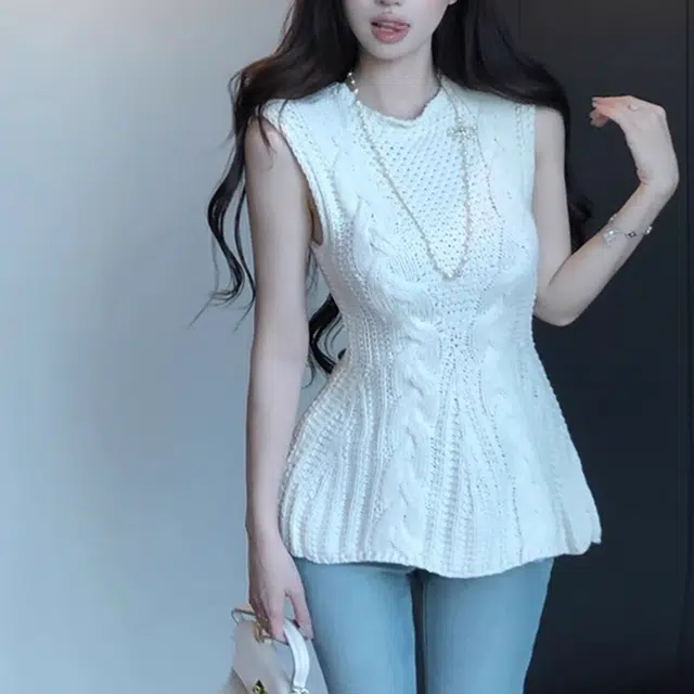 涂诗菲 法式辣妹性感设计感荷叶边无袖针织上衣简约收腰背心 女款