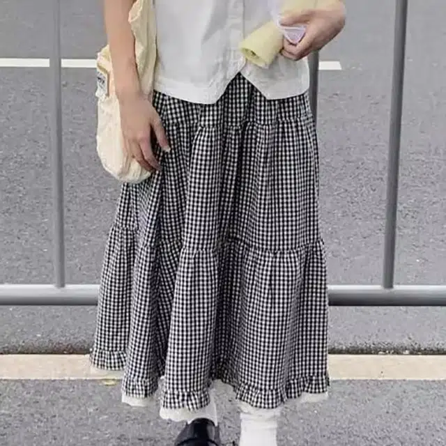 涂诗菲 学院风格子拼接蕾丝花边口袋蛋糕休闲长裙 女款 图片色