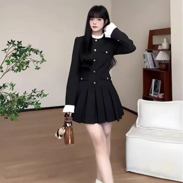 涂诗菲 小个子气质西装高腰短裙长袖连衣裙 女款 黑色