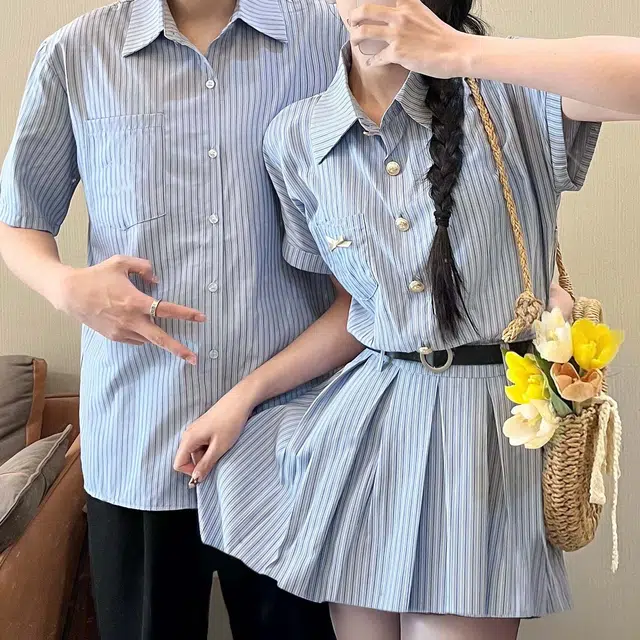 涂诗菲 文艺气质条纹翻领短裙连衣裙女宽松衬衣上衣男短袖情侣套装