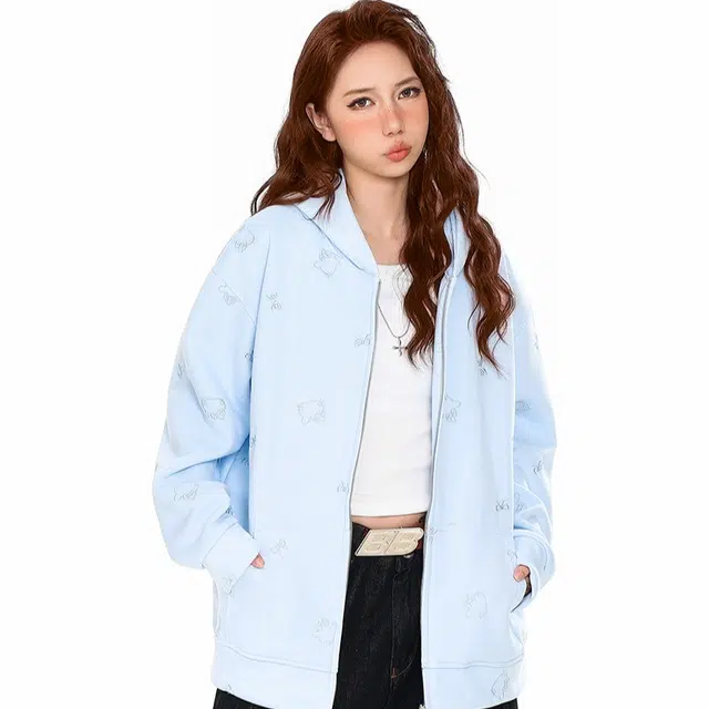 涂诗菲 韩系甜美慵懒风时尚休闲百搭宽松通勤显瘦设计感刺绣猫咪外套卫衣 女款