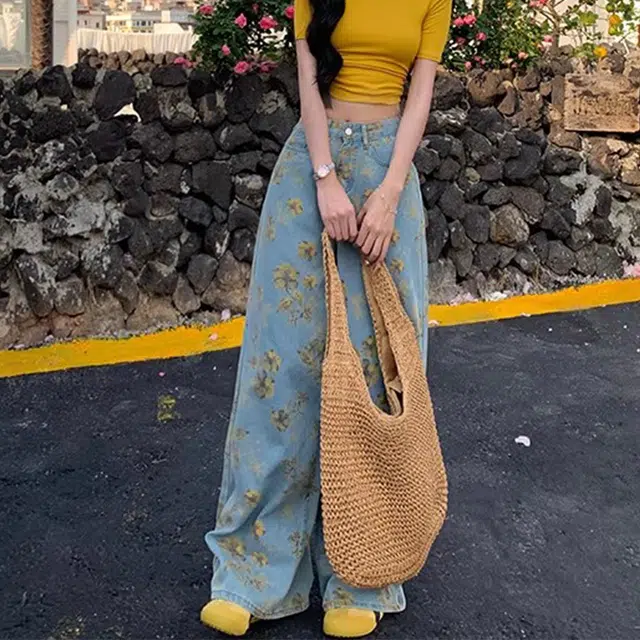 涂诗菲 美式浪漫花朵印花直筒拖地长裤女高腰慵懒宽松显瘦牛仔裤 女款 蓝色