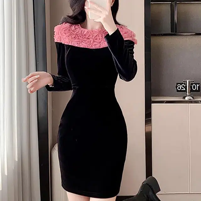 涂诗菲 法式玫瑰撞色花朵设计感名媛风拼色长袖连衣裙 女款 黑色