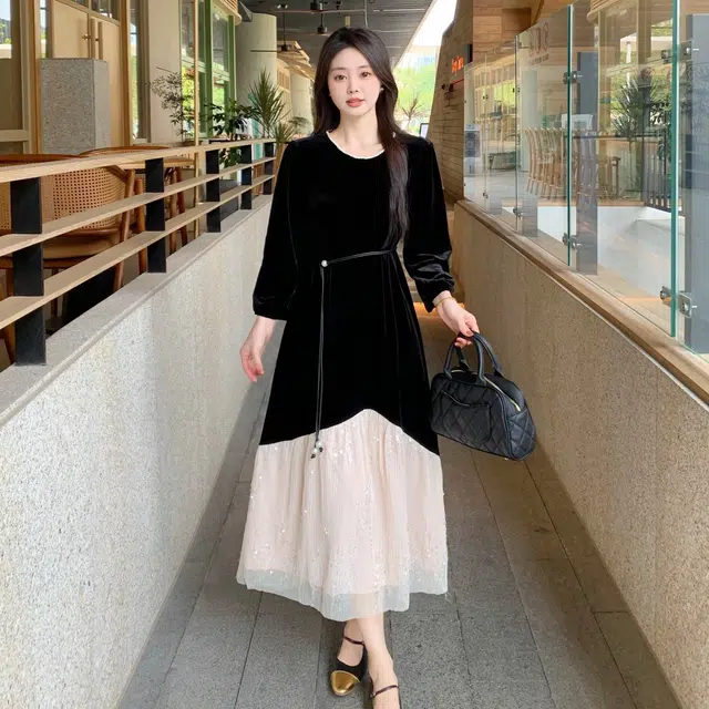 涂诗菲 设计感拼接亮片法式气质收腰长裙长袖连衣裙 女款 黑色