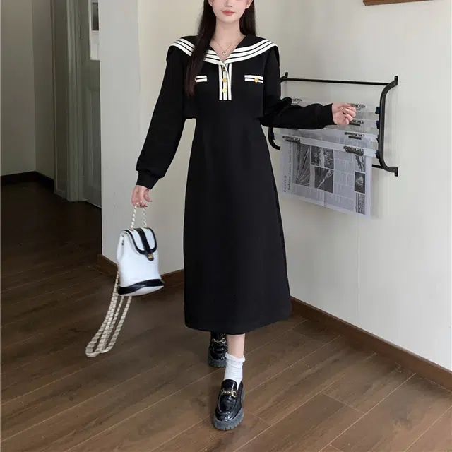 涂诗菲 撞色海军领学院风气质显瘦露腰长袖连衣裙 女款 黑色