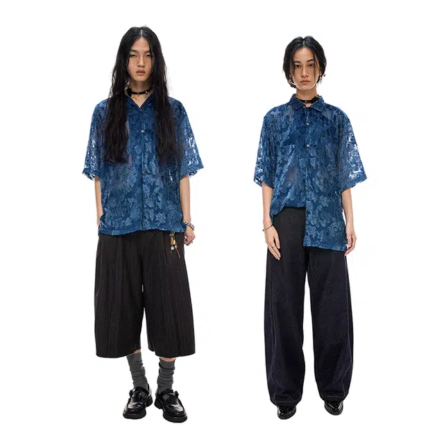 物理少年 烂花锦绒开衩古巴领短袖衬衫 男女同款