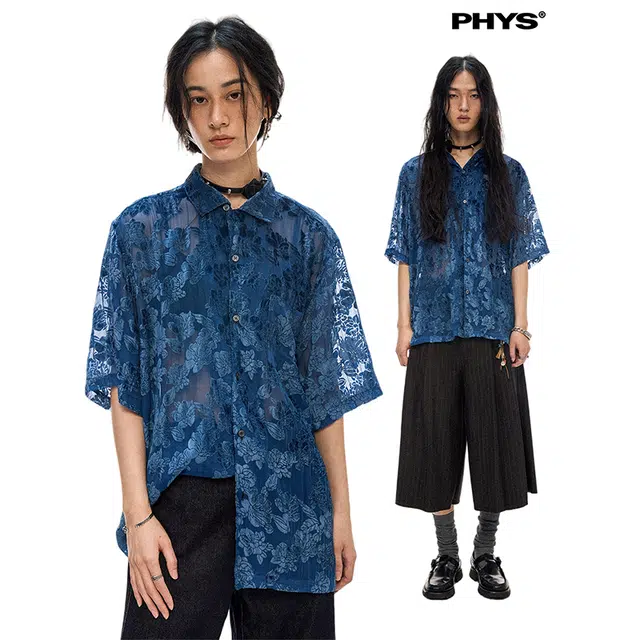 物理少年 烂花锦绒开衩古巴领短袖衬衫 男女同款