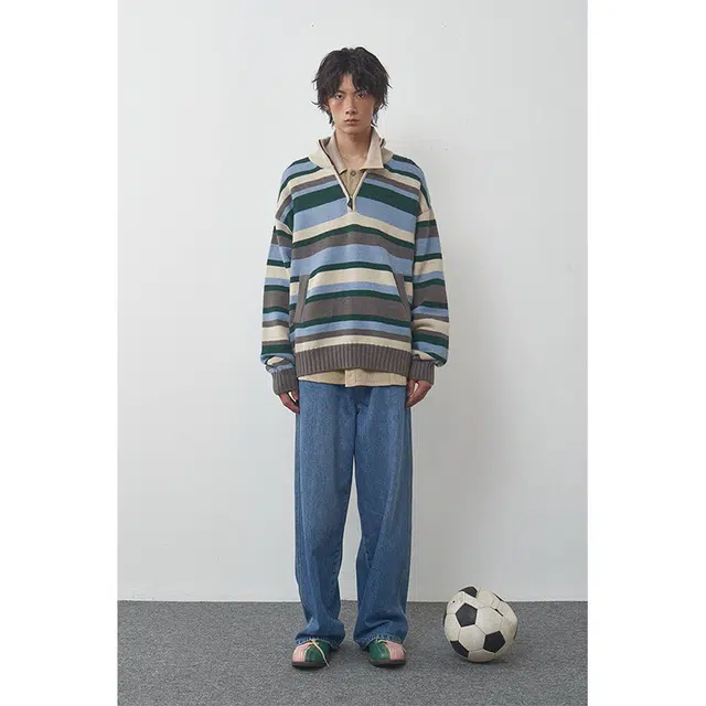 物理少年 美式复古条纹宽松套头落肩长袖毛衣 男女同款
