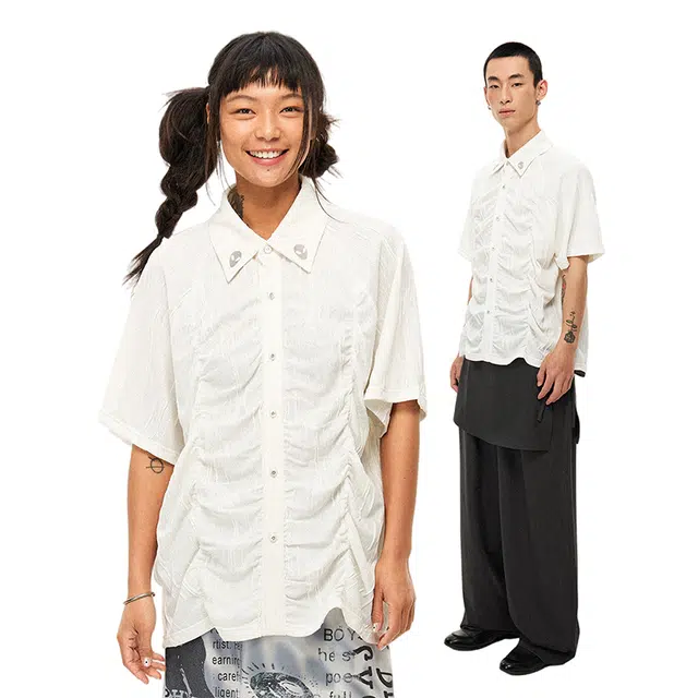 物理少年 纯色轻薄针织宽松条纹压绉肌理感翻领短袖衬衫 男女同款