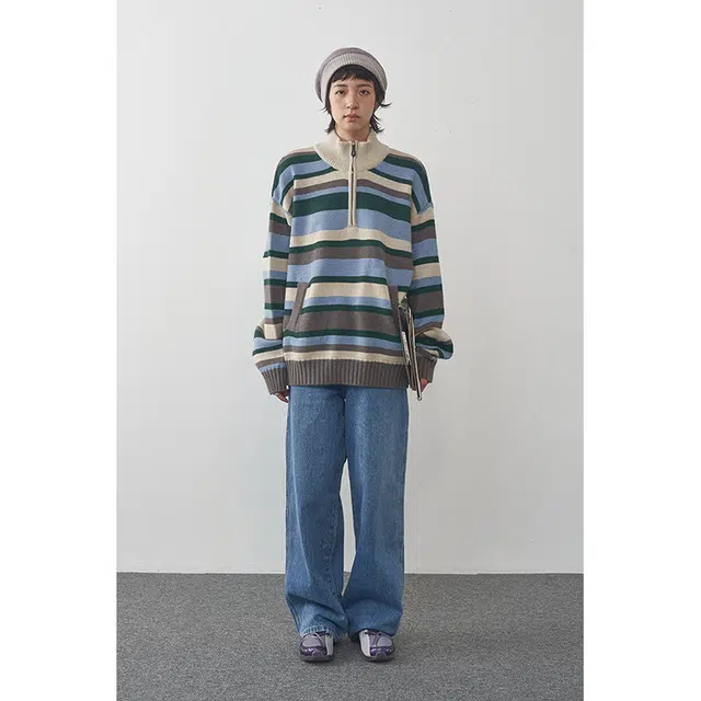 物理少年 美式复古条纹宽松套头落肩长袖毛衣 男女同款