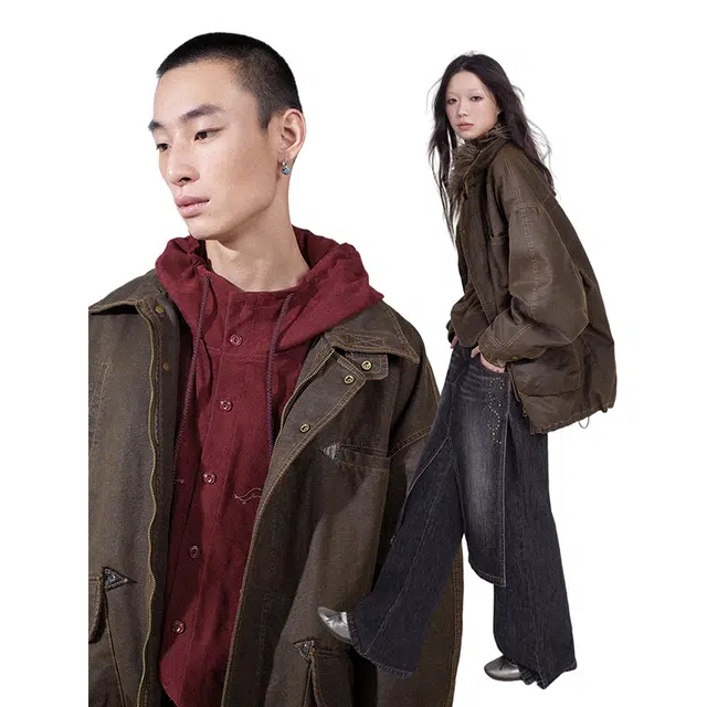 物理少年 山缦探险水洗金属图层谷仓绗棉棉服 男女同款 深咖色