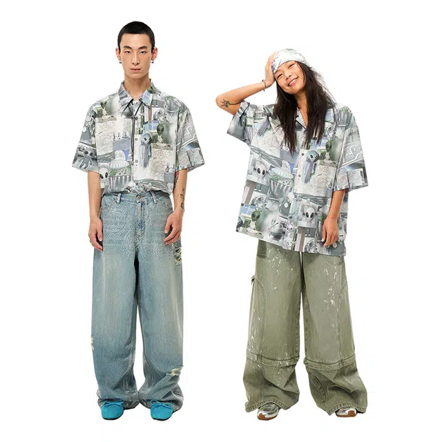 物理少年 外星人世界印花独特设计潮流个性翻领短袖衬衫 男女同款