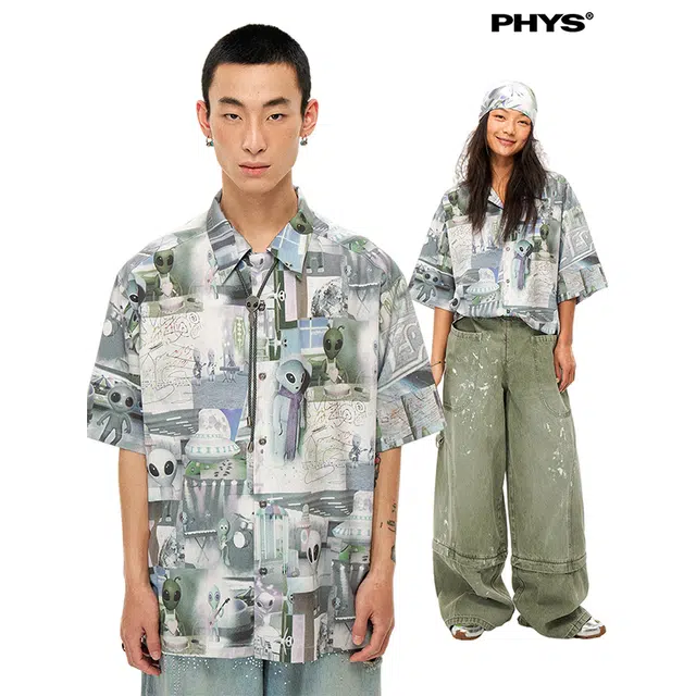 物理少年 外星人世界印花独特设计潮流个性翻领短袖衬衫 男女同款