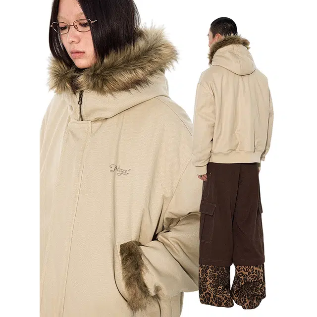 物理少年 「雪藏部落」毛领 涂层感面料棉服 男女同款 浅卡其