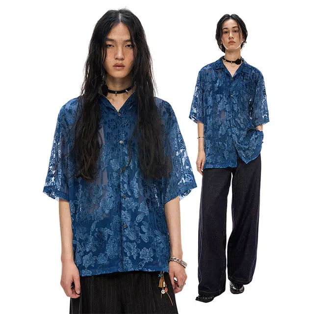 物理少年 烂花锦绒开衩古巴领短袖衬衫 男女同款