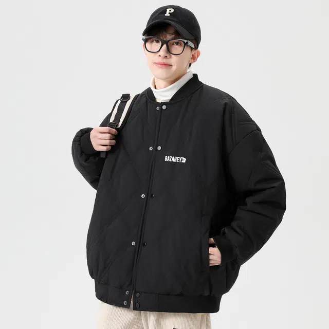 吾皇猫 美式嘻哈菱形格子设计字母卡通印花简约纯色宽松休闲飞行员舒适棒球领单排扣百搭保暖棉服 男女同款