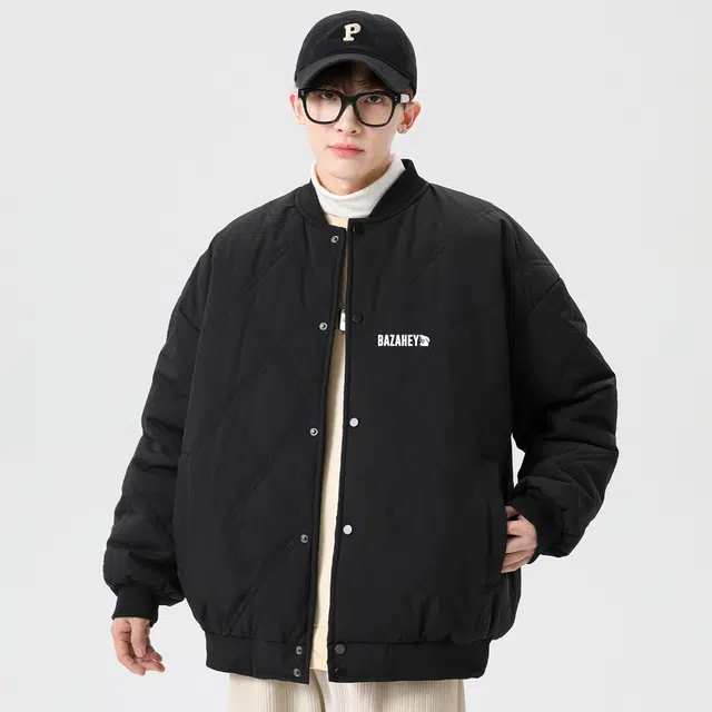 吾皇猫 美式嘻哈菱形格子设计字母卡通印花简约纯色宽松休闲飞行员舒适棒球领单排扣百搭保暖棉服 男女同款