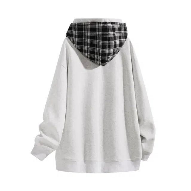 吾皇猫 韩版复古潮牌格子拼接披肩连帽高级感设计宽松百搭时尚休闲日常通勤长袖卫衣 男女同款