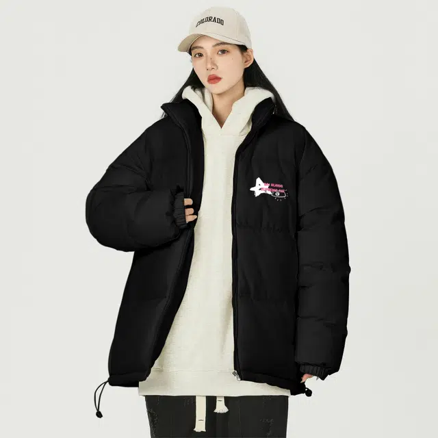 吾皇猫 美式复古卡通动漫创意印花学院风简约百搭基础款立领休闲棉服 男女同款