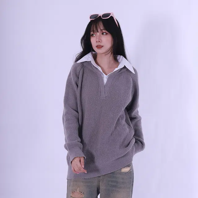 吾皇猫 假两件学院风纯色套头基础款休闲宽松毛衣 男女同款