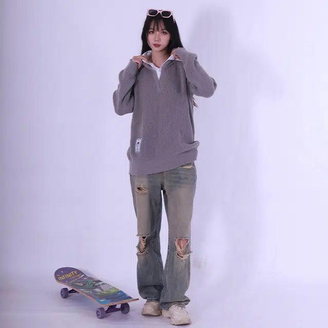 吾皇猫 假两件学院风纯色套头基础款休闲宽松毛衣 男女同款