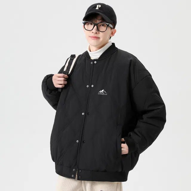 吾皇猫 美式嘻哈菱形格子创意山峰印花简约纯色宽松休闲飞行员舒适棒球领单排扣百搭加绒加厚保暖棉服 男女同款
