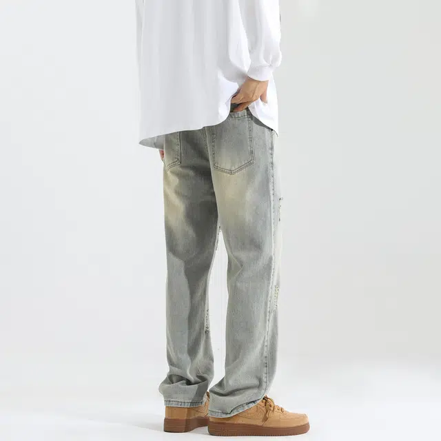 吾皇猫 美式复古基础款简约百搭长裤水洗做旧割破破洞乞丐裤子宽松直筒休闲牛仔裤 男女同款