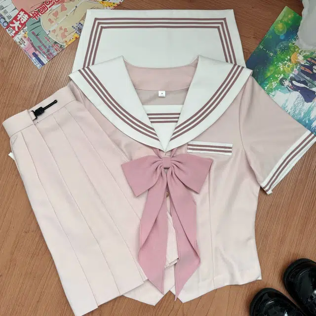 依钗 水手服海军领拼色短袖上衣纯色简约低腰短裙制服 女款