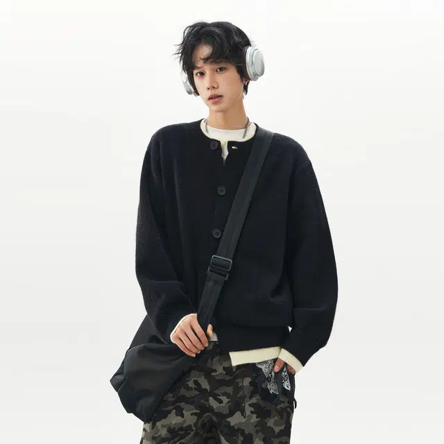 王者荣耀 假两件开衫外套春秋潮牌简约时尚学院风慵懒舒适日常户外通勤百搭针织衫上衣内搭叠穿单排扣毛衣 男女同款