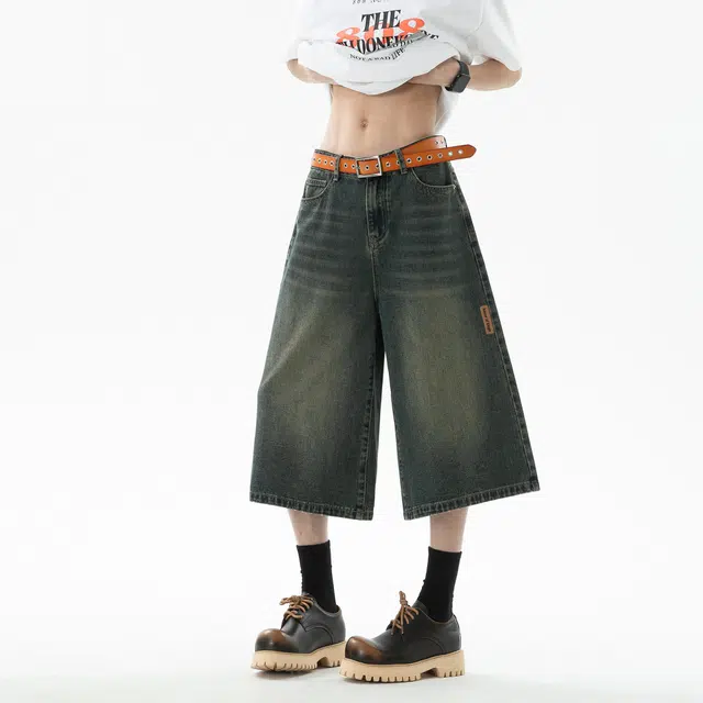 王者荣耀 纯色美式复古水洗渐变宽松舒适高街青少年无性别休闲百搭时尚七分牛仔短裤 男女同款