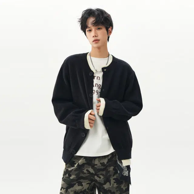 王者荣耀 假两件开衫外套春秋潮牌简约时尚学院风慵懒舒适日常户外通勤百搭针织衫上衣内搭叠穿单排扣毛衣 男女同款