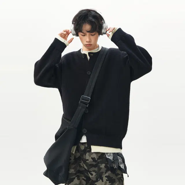 王者荣耀 假两件开衫外套春秋潮牌简约时尚学院风慵懒舒适日常户外通勤百搭针织衫上衣内搭叠穿单排扣毛衣 男女同款