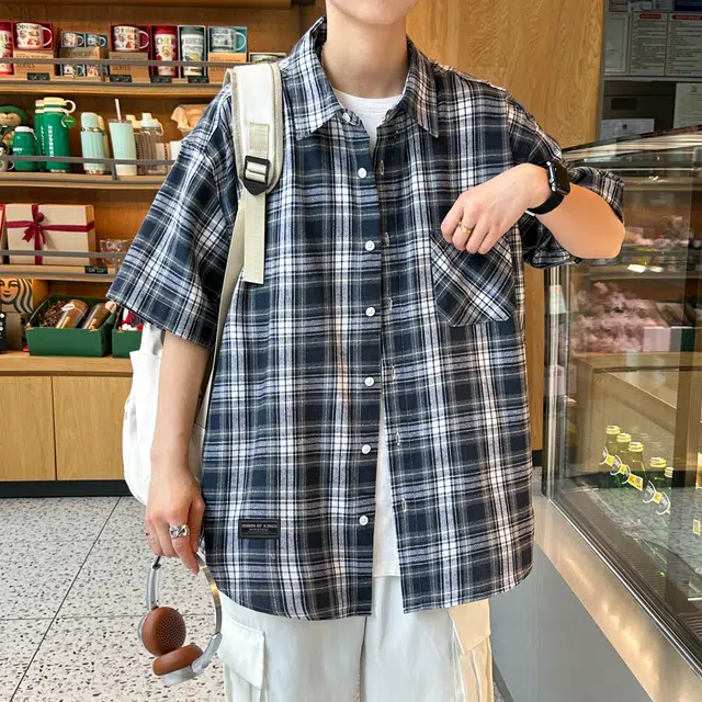 王者荣耀 美式复古格子翻领外套宽松舒适少年感高颜值休闲百搭时尚短袖衬衫 标语款 男女同款
