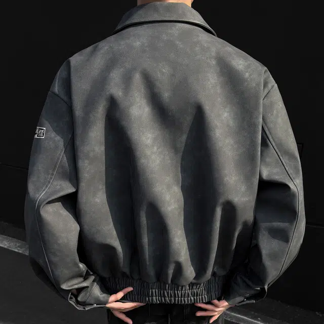 王者荣耀 鲁班七号款 港风复古简约纯色两侧双拉链小众设计宽松翻领百搭休闲长袖开衫皮衣 男女同款