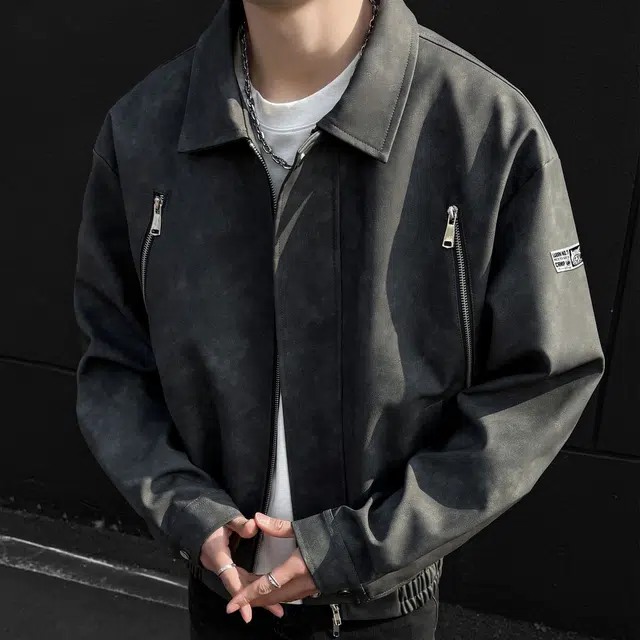 王者荣耀 鲁班七号款 港风复古简约纯色两侧双拉链小众设计宽松翻领百搭休闲长袖开衫皮衣 男女同款