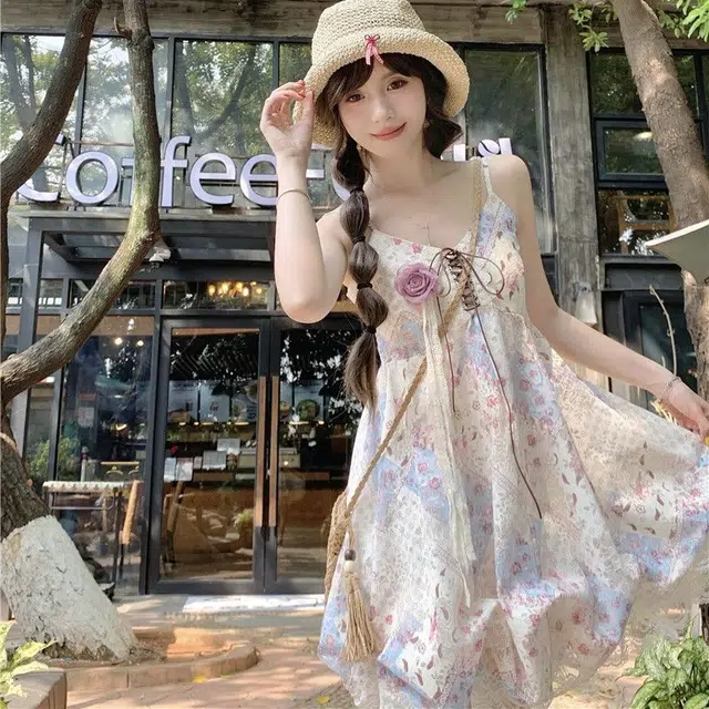 兰缪 甜妹可爱出游度假风碎花裙海边拍照出边晕染裙子高级设计感小个子可穿蓬蓬裙吊带连衣裙 女款