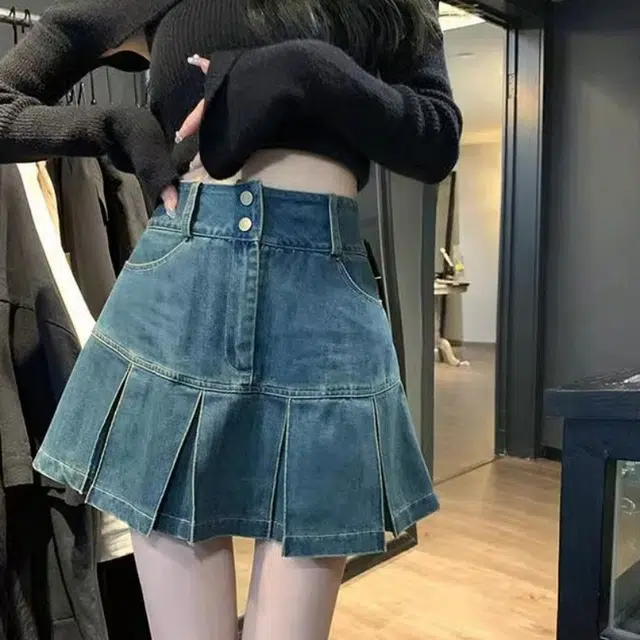 兰缪 大码高腰百褶计感半身裙女牛仔短裙 女款