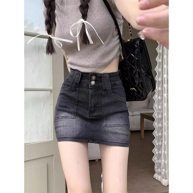 兰缪 美式复古高街高腰半身裙女夏季辣妹百搭紧身显瘦包臀子潮流牛仔短裙 女款