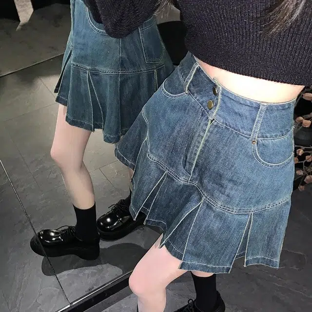 兰缪 大码高腰百褶计感半身裙女牛仔短裙 女款
