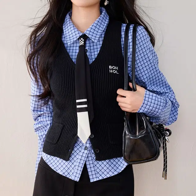 兰缪 设计感时尚气质收腰修身针织衬衫套装背心 女款