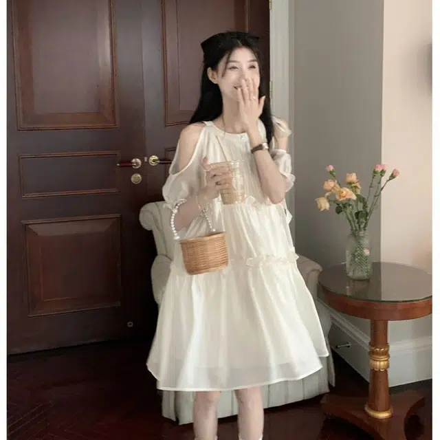 兰缪 法式设计感小众挂脖裙小个子纯欲露肩绑带圆领短袖连衣裙 女款