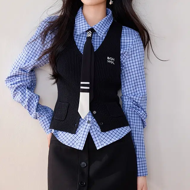 兰缪 设计感时尚气质收腰修身针织衬衫套装背心 女款