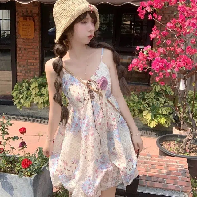 兰缪 甜妹可爱出游度假风碎花裙海边拍照出边晕染裙子高级设计感小个子可穿蓬蓬裙吊带连衣裙 女款
