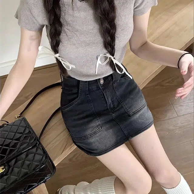 兰缪 美式复古高街高腰半身裙女夏季辣妹百搭紧身显瘦包臀子潮流牛仔短裙 女款